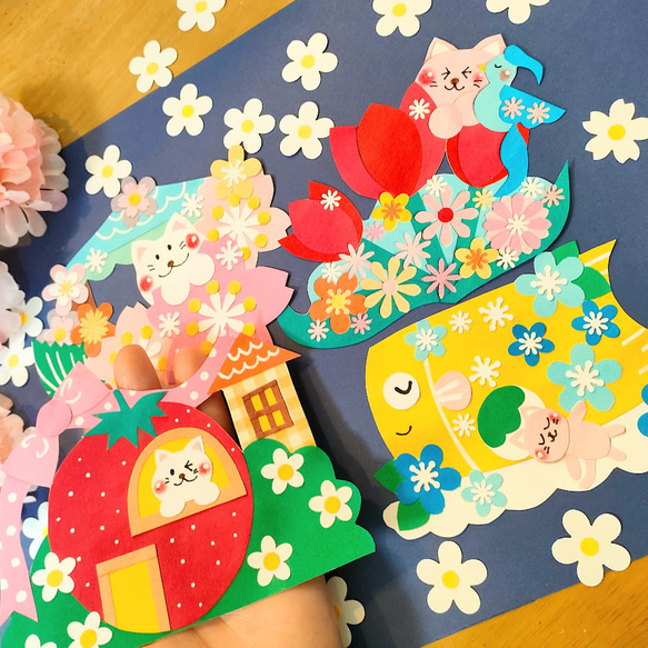 猫 桜 色紙 壁面 アルバム ラミネート ～春の猫パーティー～ 桜