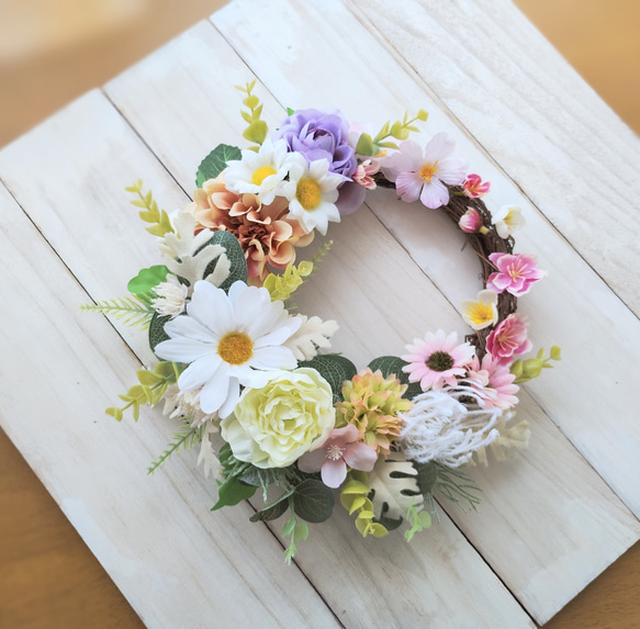 ホワイトダリアと薔薇のナチュラルカントリー調リース♡フラワーリース  