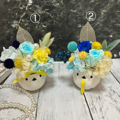 可愛いシマエナガポット、プリザーブドフラワーアレンジメント