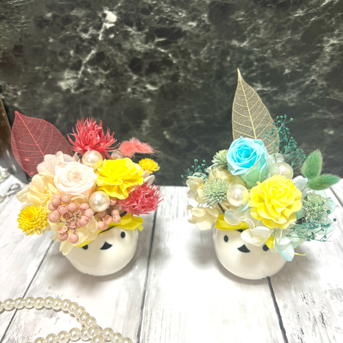 可愛いシマエナガポット、プリザーブドフラワーアレンジメント