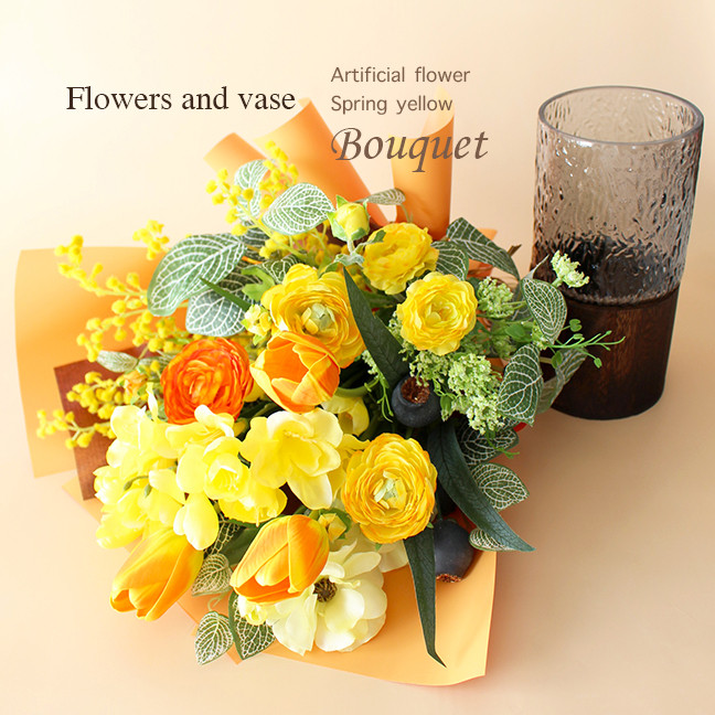 春満開ブーケと花瓶のギフトセット【アーティフィシャルフラワー】誕生日 米寿祝 開店祝 新居祝 母の日