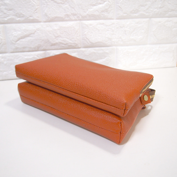★ハンドメイド★日本製★本革★お財布ポシェット★L字ファスナー・大寸★斜め掛けショルダーバッグ★オレンジチャ色★スマホ★ 5枚目の画像