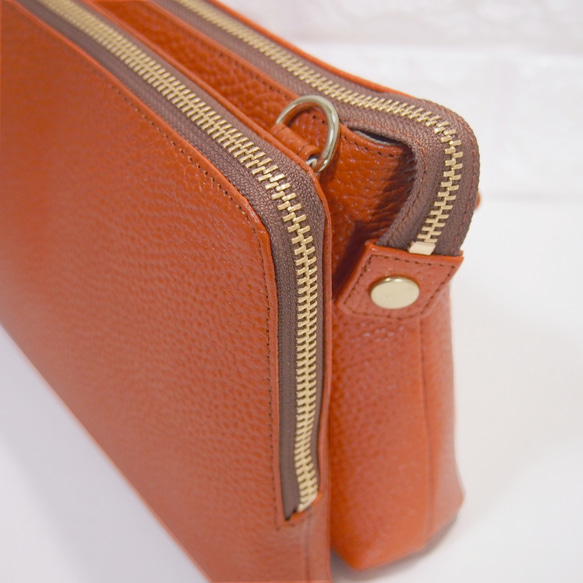 ★ハンドメイド★日本製★本革★お財布ポシェット★L字ファスナー・大寸★斜め掛けショルダーバッグ★オレンジチャ色★スマホ★ 8枚目の画像
