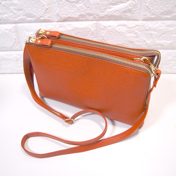 ★ハンドメイド★日本製★本革★お財布ポシェット★L字ファスナー・大寸★斜め掛けショルダーバッグ★オレンジチャ色★スマホ★ 11枚目の画像