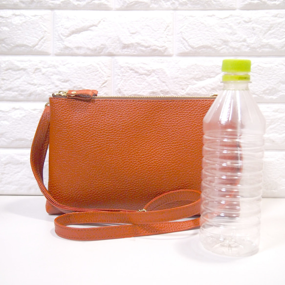★ハンドメイド★日本製★本革★お財布ポシェット★L字ファスナー・大寸★斜め掛けショルダーバッグ★オレンジチャ色★スマホ★ 6枚目の画像