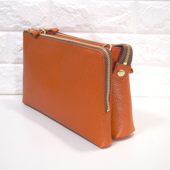 ★ハンドメイド★日本製★本革★お財布ポシェット★L字ファスナー・大寸★斜め掛けショルダーバッグ★オレンジチャ色★スマホ★ 10枚目の画像