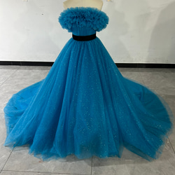 カラードレス ブルー オフショルダー キラキラチュール サッシュベルト  