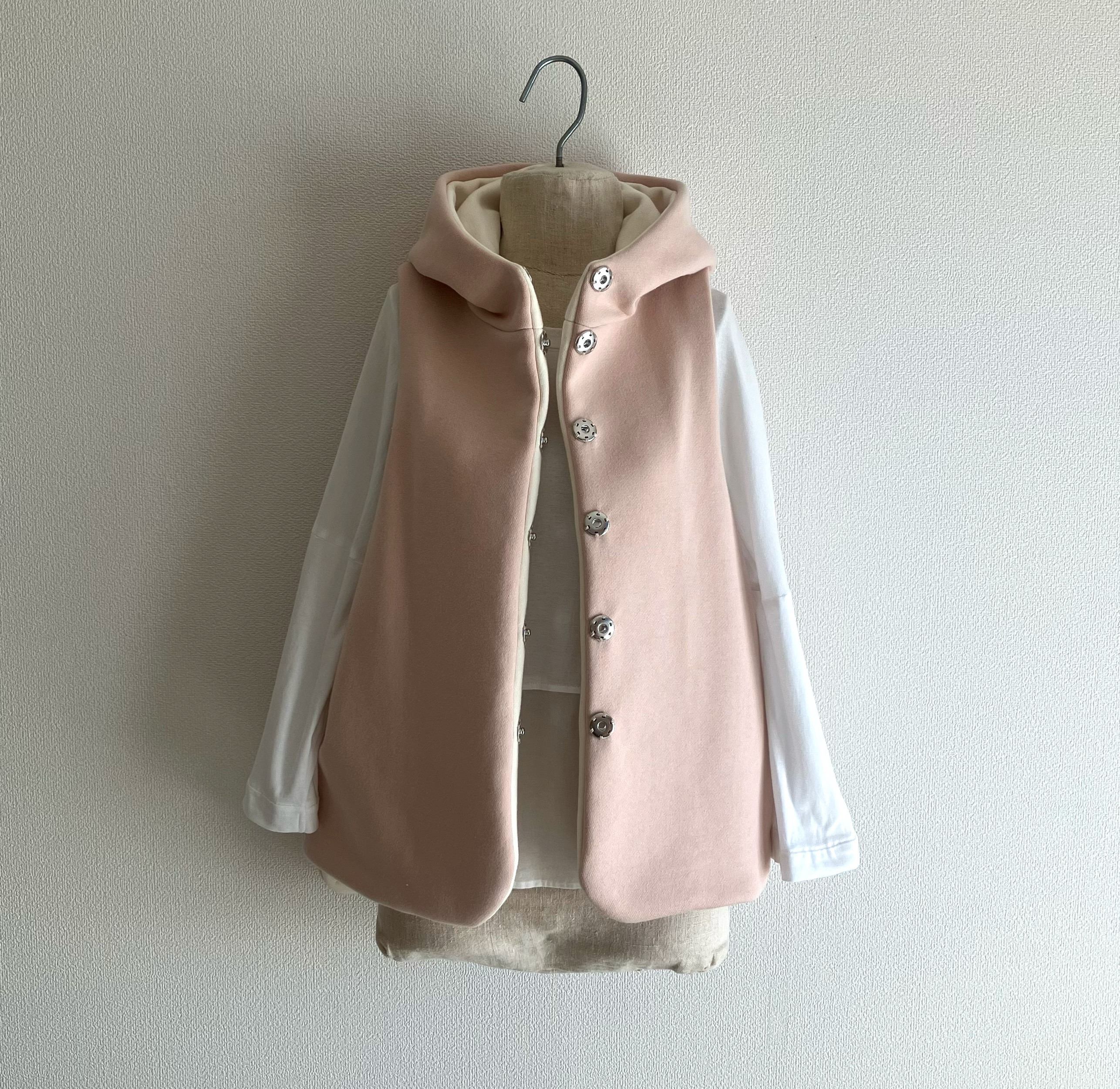 裏毛スウェット　2枚仕立て　フードベスト　さくら×生成り