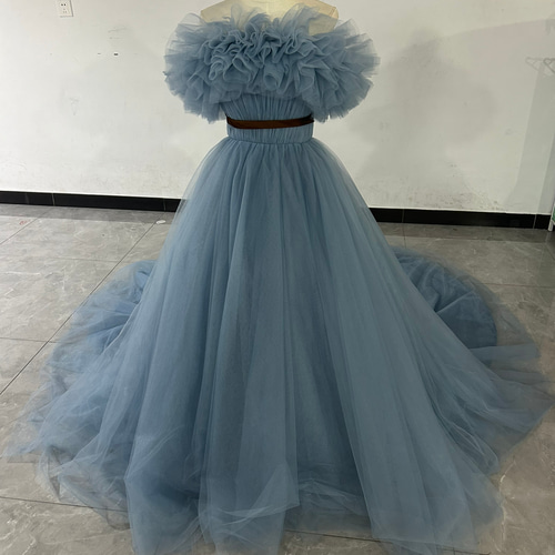 カラードレス ライトブルー オフショルダー サッシュベルト チュール  