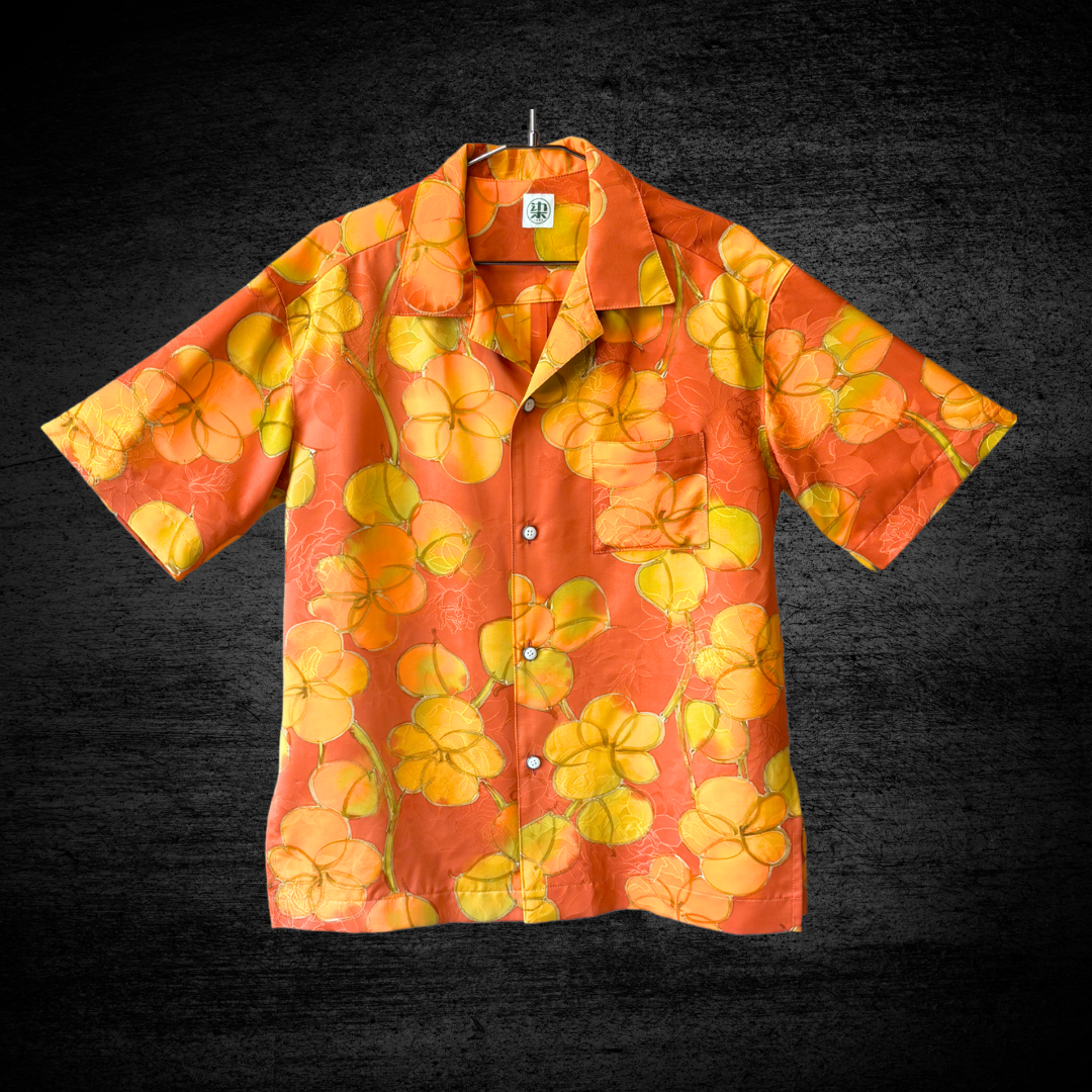 洗える着物のアロハシャツ【正絹】　ろうけつ染め・オレンジ　メンズ Mサイズ