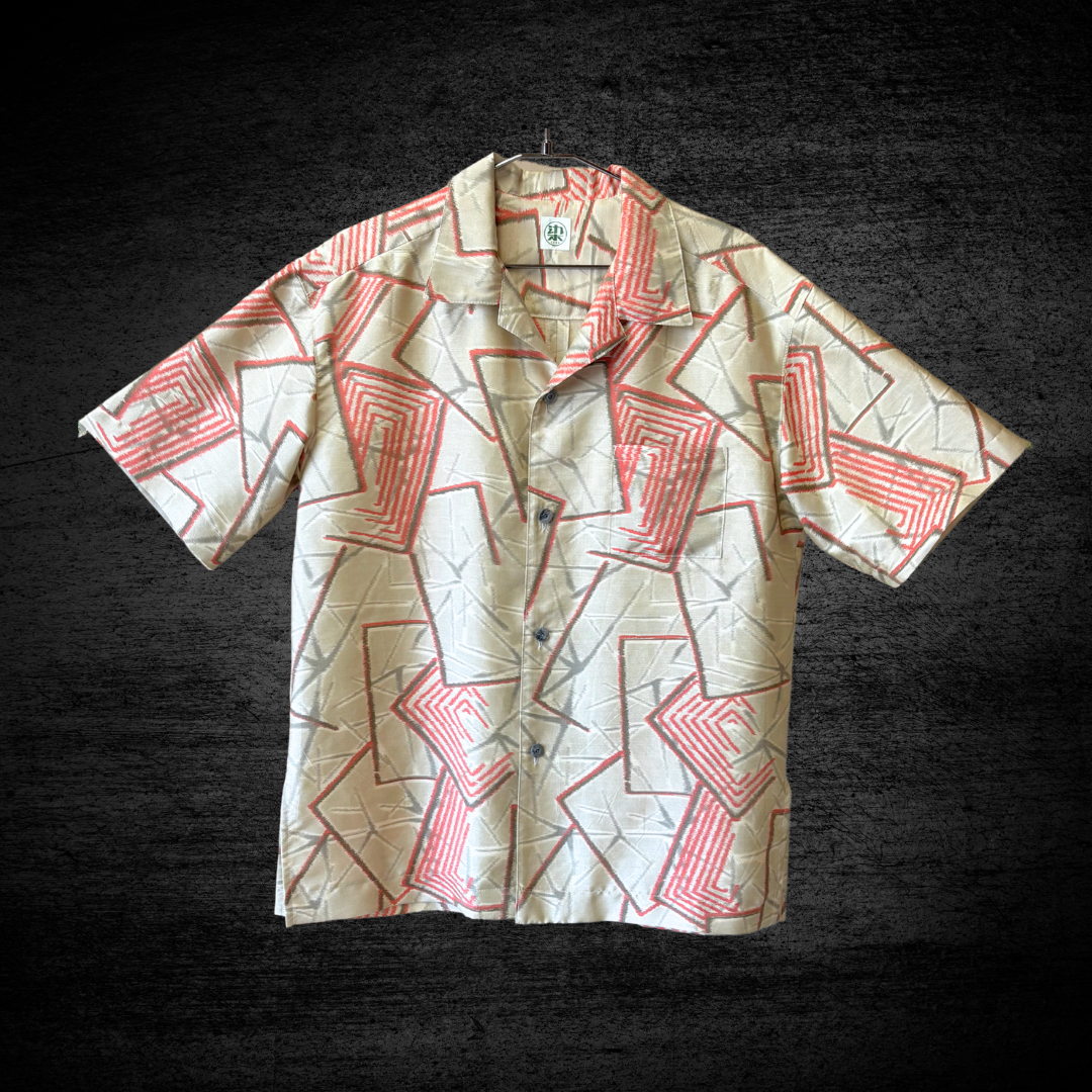 洗える着物のアロハシャツ【正絹】　織・赤幾何学　メンズ Mサイズ