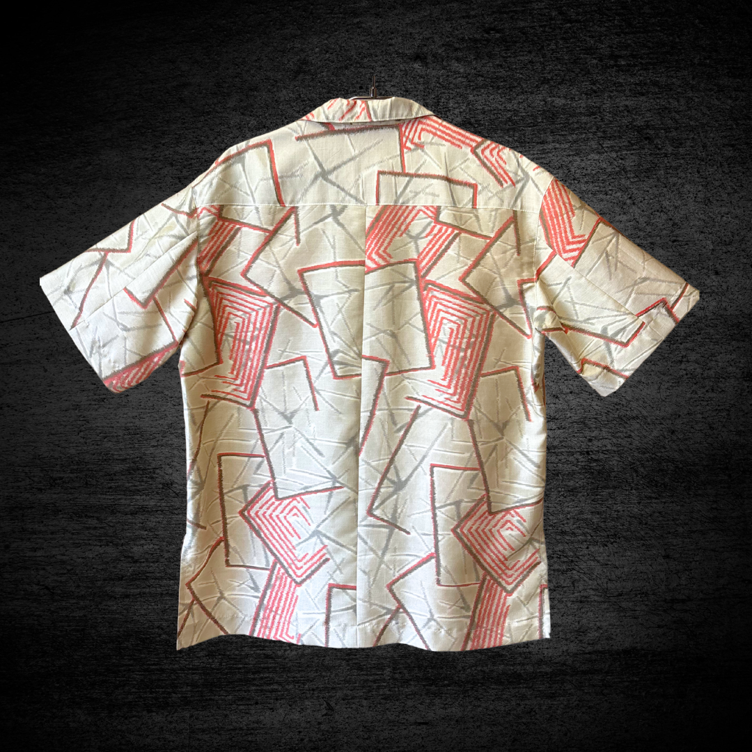 洗える着物のアロハシャツ【正絹】　織・赤幾何学　メンズ Mサイズ