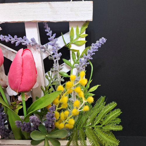 卓上•壁掛け2way/桜•ミモザ•ラベンダー•チューリップのアレンジメント