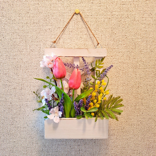 卓上•壁掛け2way/桜•ミモザ•ラベンダー•チューリップのアレンジメント