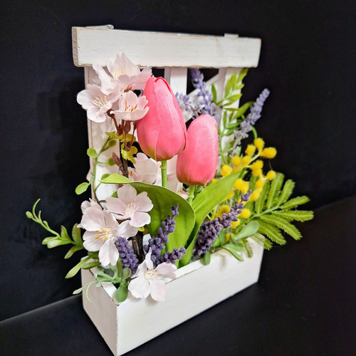 卓上•壁掛け2way/桜•ミモザ•ラベンダー•チューリップのアレンジメント