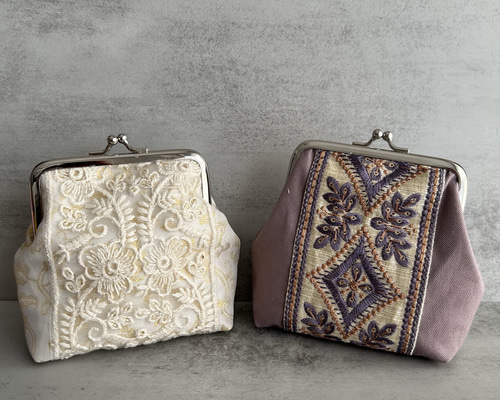 専用【帆布】インド刺繍リボンのがま口ポーチ☆スミレ 帆布】インド刺繍リボンのがま口ポーチ☆スミレ角 がま口 fu.wa