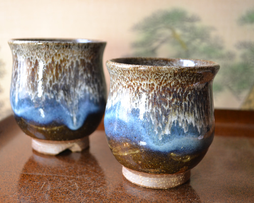 ギフト特割！】◇夫婦湯呑み（孔雀釉） 湯呑み茶碗 窯変 ☆萩焼き 陶器