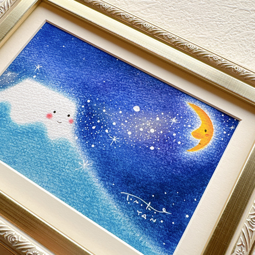 一点物原画＊富士山と月と天の川の絵＊夜空 寝室 落ち着いた絵