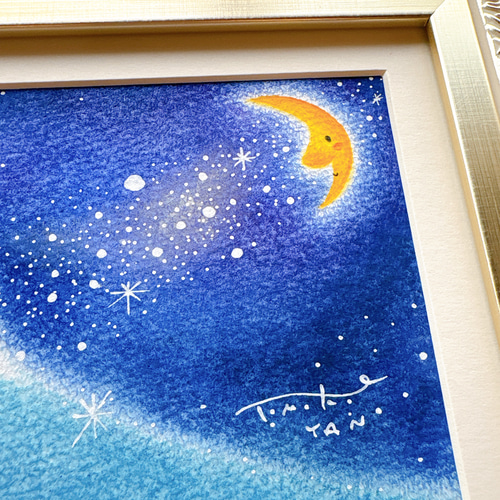 一点物原画＊富士山と月と天の川の絵＊夜空 寝室 落ち着いた絵