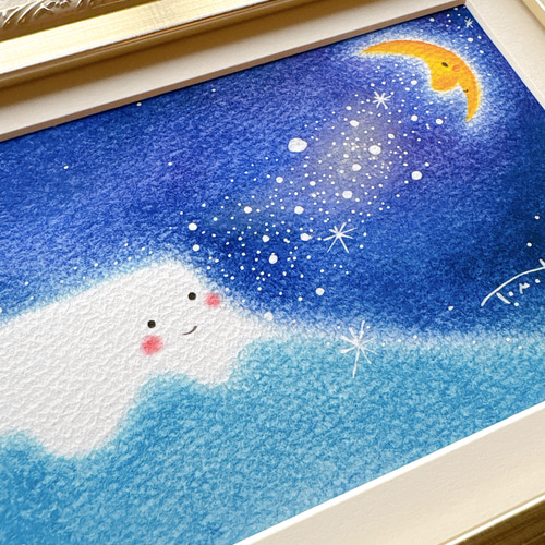 一点物原画＊富士山と月と天の川の絵＊夜空 寝室 落ち着いた絵