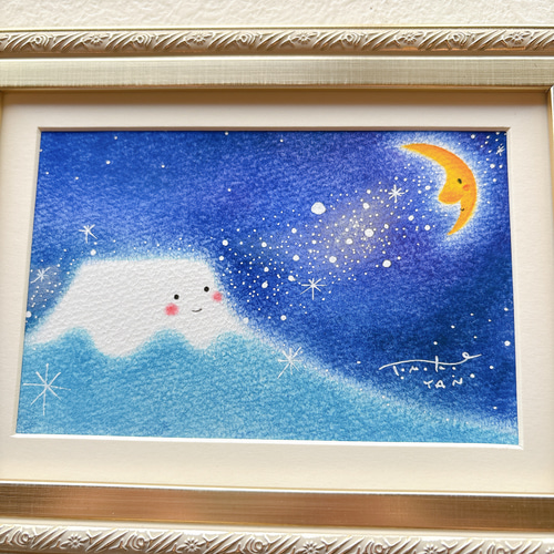 一点物原画＊富士山と月と天の川の絵＊夜空 寝室 落ち着いた絵