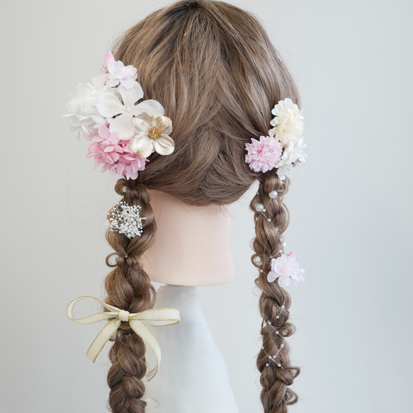 レジン　ヘアゴム　桜モチーフ　ピンク＆ホワイト◡̈♥︎ 蝶　ドライフラワー A350 桜とマムの髪飾り ドライフラワー 白 ピンク 成人式 振袖 結婚式