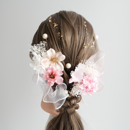 GATE⚫︎花嫁用⚫︎掛下⚫︎ ⚫︎オフホワイト＆ピンク　オシャレです。 G64 桜とオーガンジーリボンの髪飾り ドライフラワー 白 ピンク 成人式
