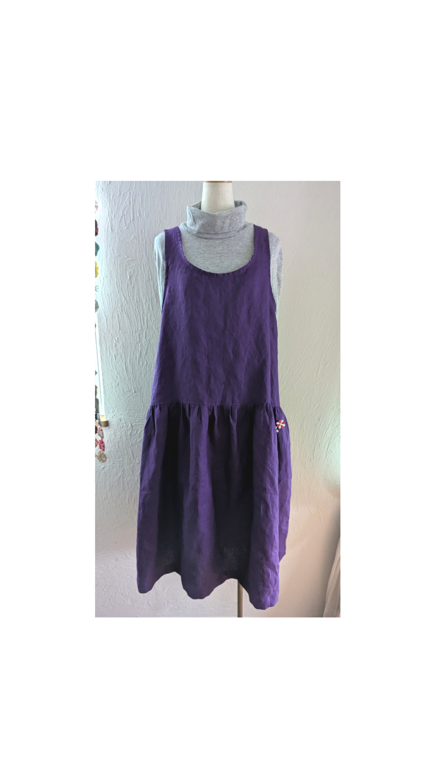 ☆ギャザーたっぷりエプロン風ワンピ☆麻100%