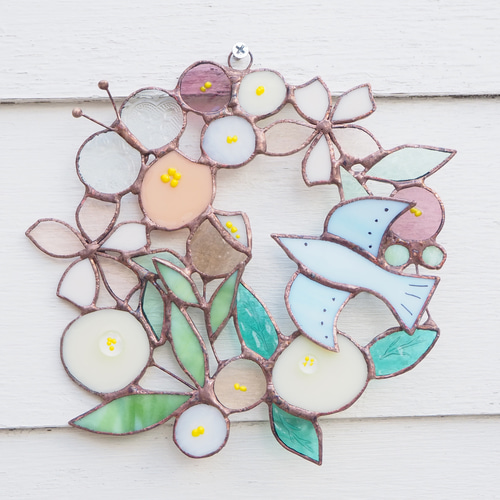 お花いっぱいステンドグラスのさくら色リース リース Unit Glass