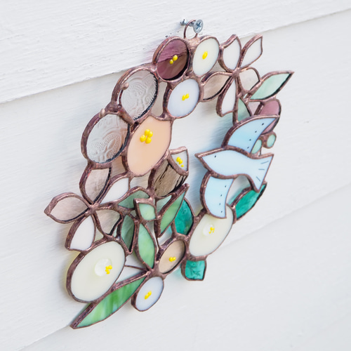 【ステンドグラス】桜と動物たちのお花見リース 日々の制作/桜リース | ann stained glass