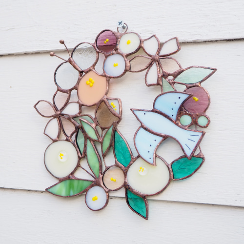 お花いっぱいステンドグラスのさくら色リース リース Unit Glass