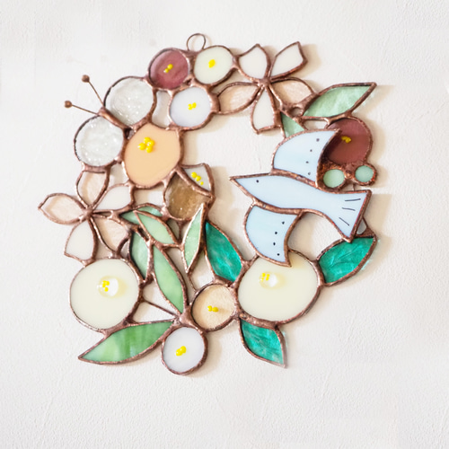 お花いっぱいステンドグラスのさくら色リース リース Unit Glass