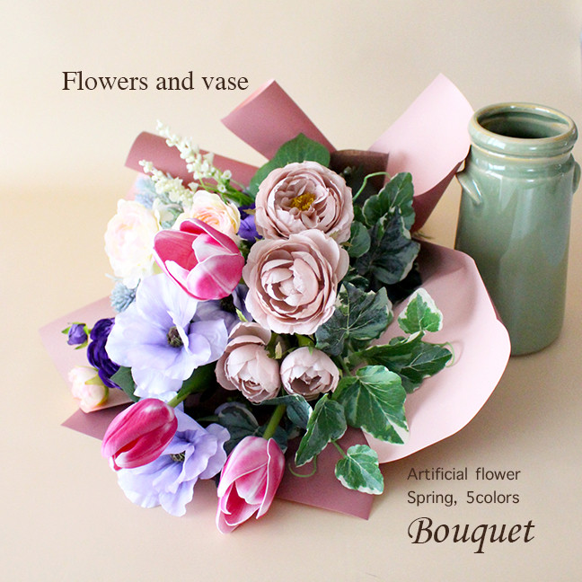 春満開ブーケと花瓶のギフトセット【アーティフィシャルフラワー】誕生日 開店祝 新居祝 母の日