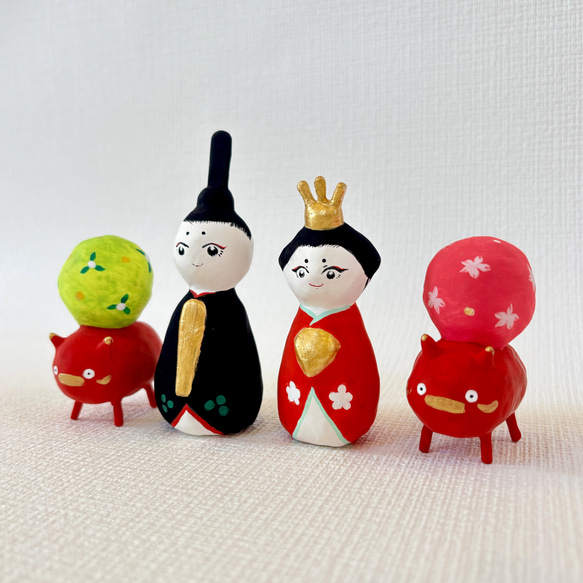 お雛様と赤べこ従者 張り子人形 雛祭り 雛飾り その他置物 ハリボテの