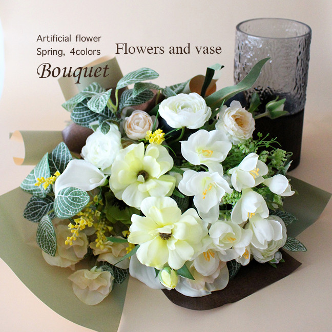 春満開ブーケと花瓶のギフトセット ホワイト＆イエロー【アーティフィシャルフラワー】誕生日 米寿祝い 開店祝 新居祝