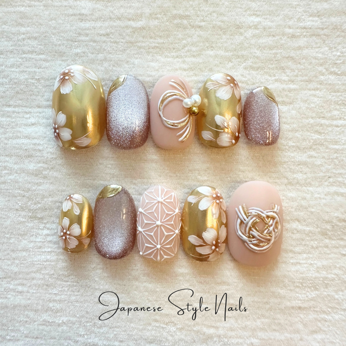 no11 水引ミラーゴールド〜振袖ネイル　和ネイル　成人式　ブライダル　結婚式