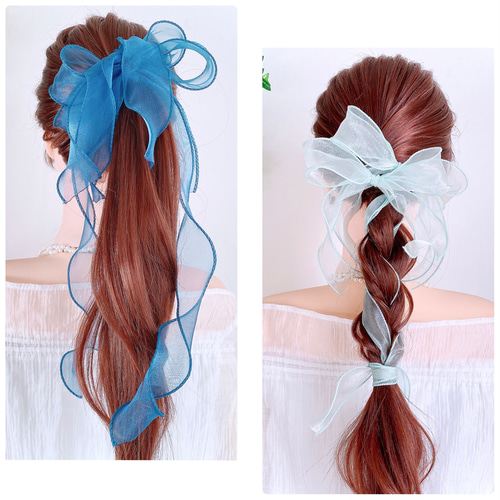 オーガンジーリボン♡雪の結晶♡オーシャンブルー♡ヘアリボン ブラック】3点セット シアーリボン Uピン オーガンジーリボン