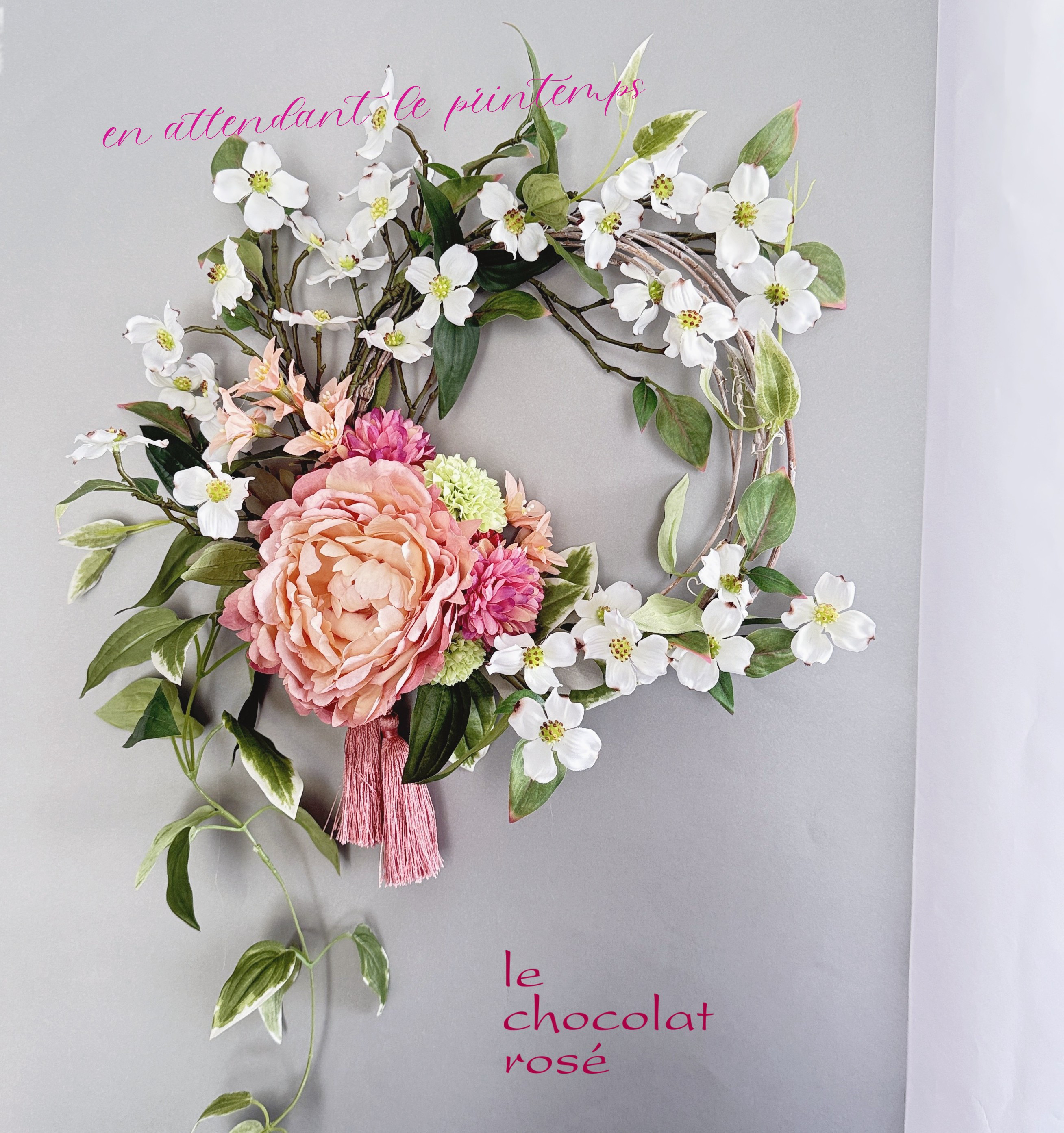 ハナミズキとピオニーの春風リース～Creema限定★アーティフィシャルフラワー