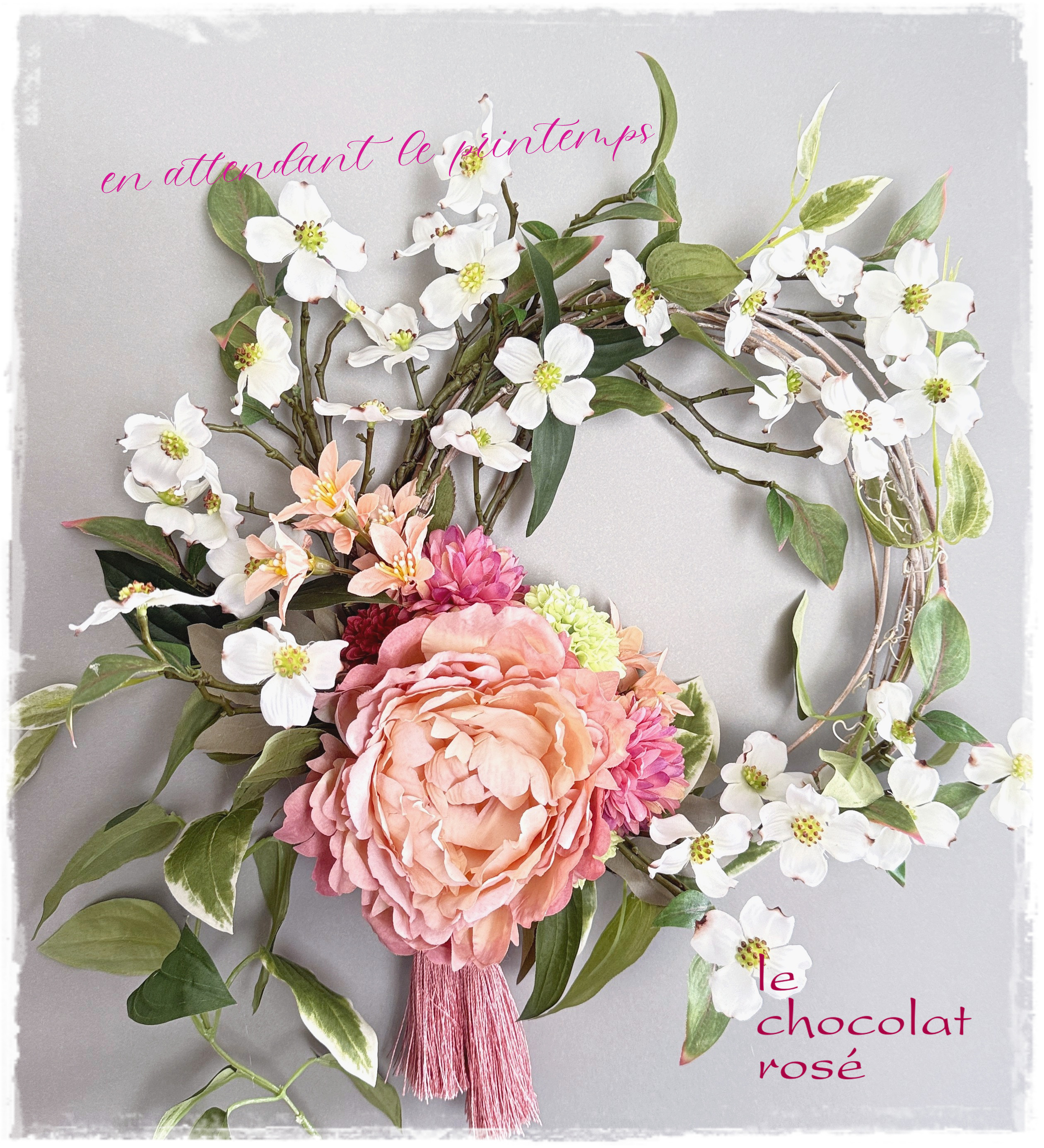 ハナミズキとピオニーの春風リース～Creema限定★アーティフィシャルフラワー