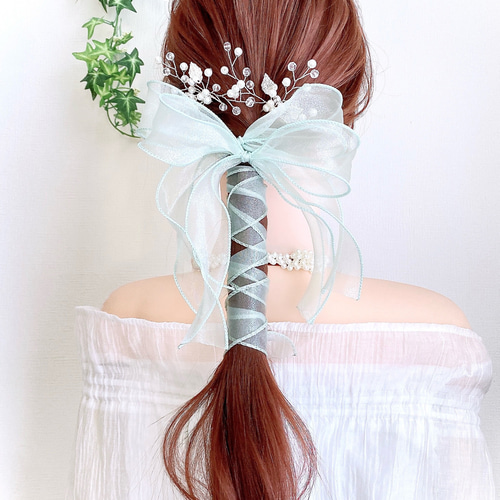 アップルグリーン】3点セット シアーリボン Uピン オーガンジーリボン