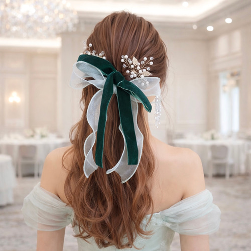 アップルグリーン】3点セット シアーリボン Uピン オーガンジーリボン