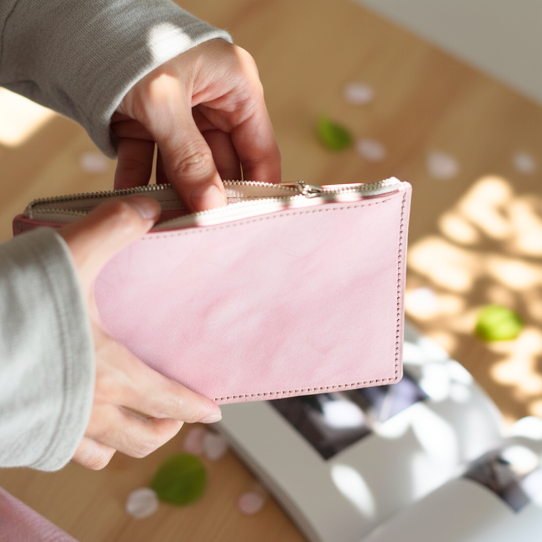 本革タンニンなめし革　桜ピンクのイタリアンレザーのシンプル札入れファスナー財布　ポーチ紙幣お札コスメ通帳チケット 領収書