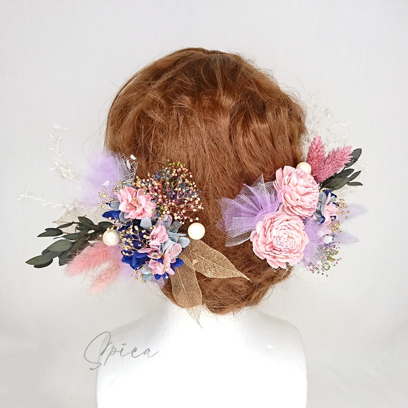 【一点限定】ソラフラワーとプリザ紫陽花のヘッドドレス 髪飾り 成人式 卒業式  ウェディング ゴールド 紺 ピンク 紫