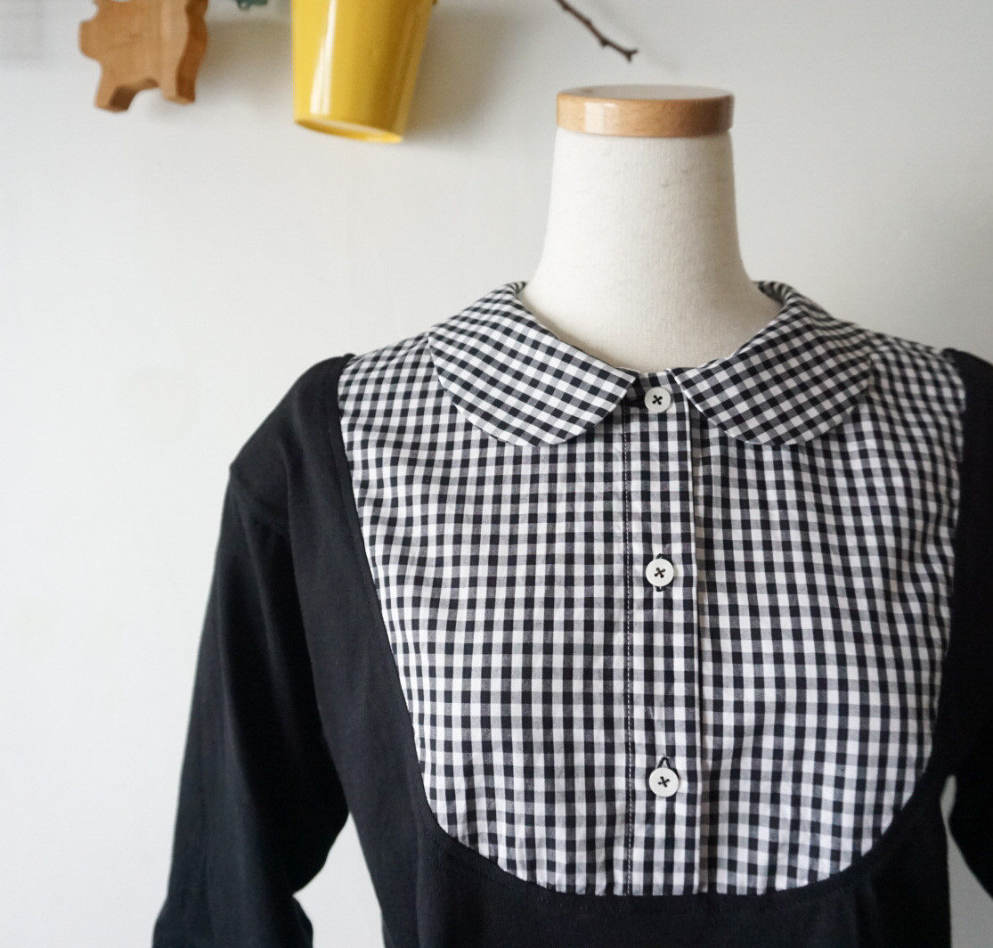 付け襟長袖カットソー（ギンガムチェック柄丸襟）