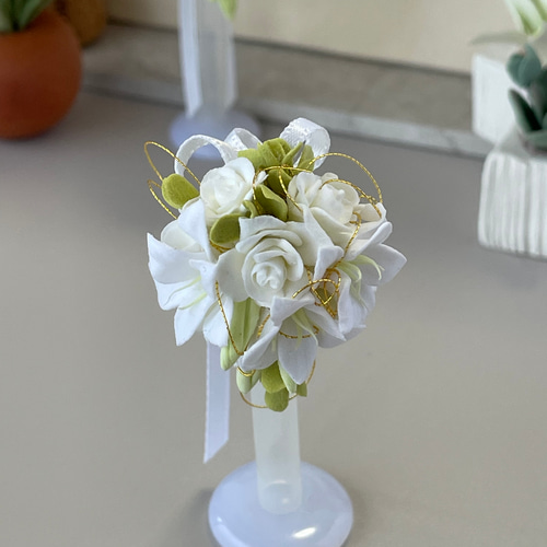 ミニチュア ドール用 クレイフラワー 薔薇とカサブランカのブーケ