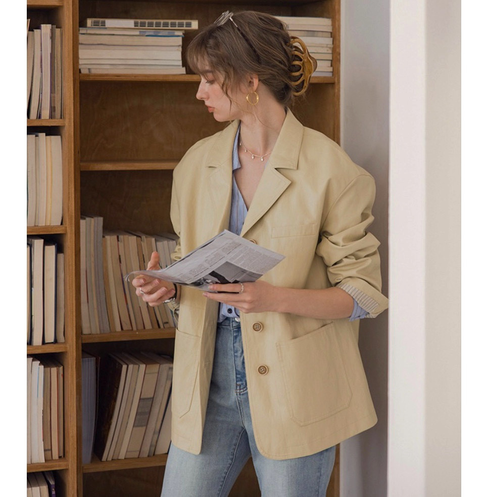 綺麗め色上品に羽織る エコレザーテーラードジャケット　ゆったりシルエット【春秋】イエロー