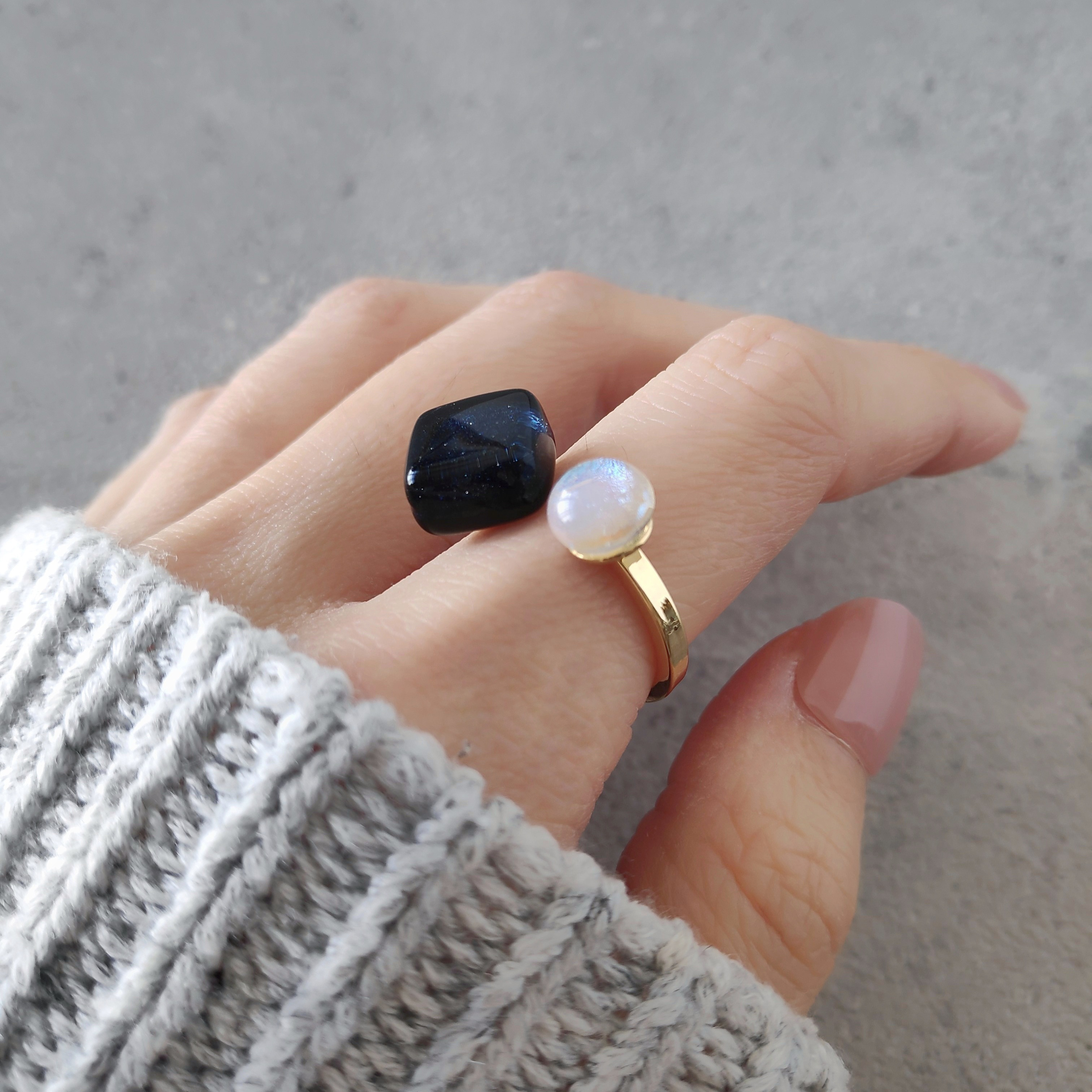 atさま専用　ガラスリング 夜空とオーロラガラスのフォークリング square 指輪・リング