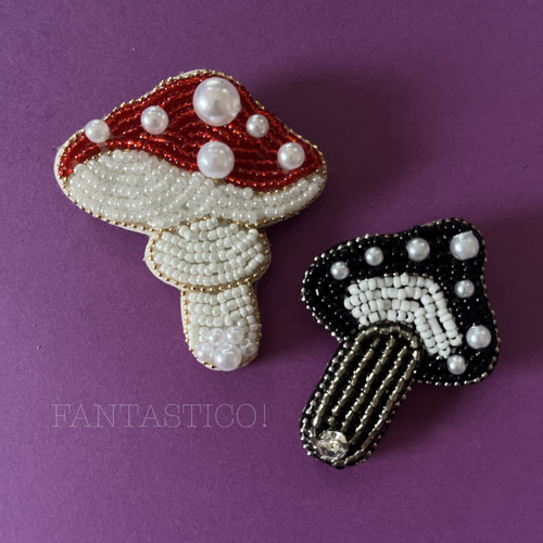 毒キノコのビーズ刺繍ブローチ❤️マッシュルームきのこ プレゼント
