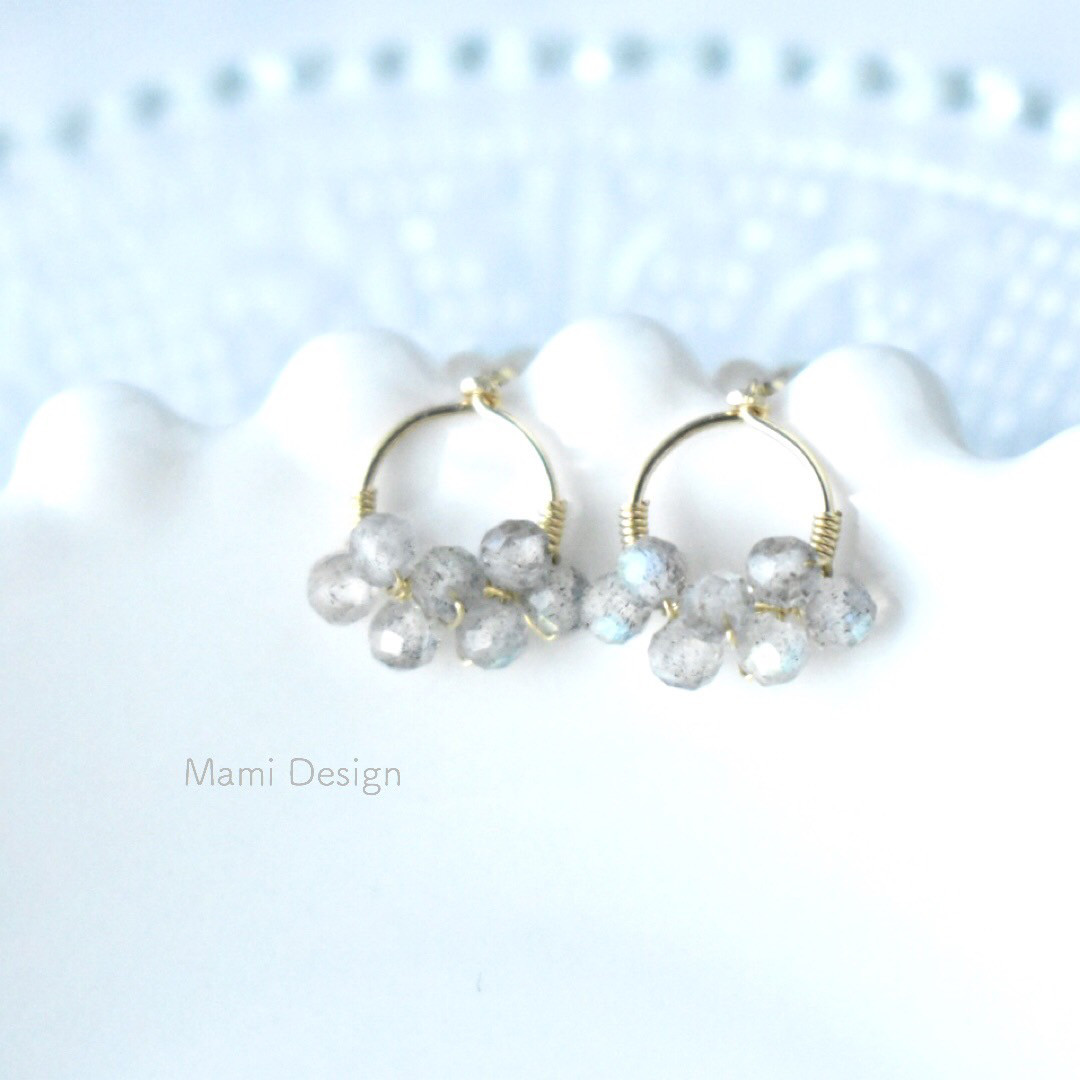 14KGF ラブラドライトのサークルラインピアス つぶつぶ