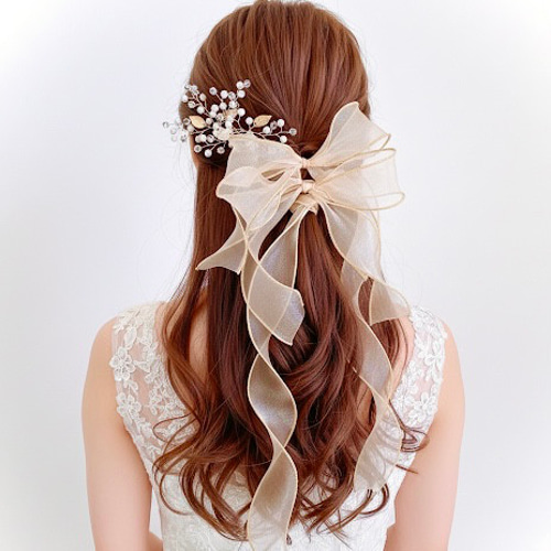 オレンジブラウン】3点セット シアーリボン Uピン オーガンジーリボン